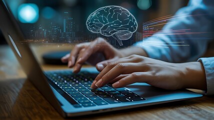 Person typing on laptop with glowing brain and data streams overlay