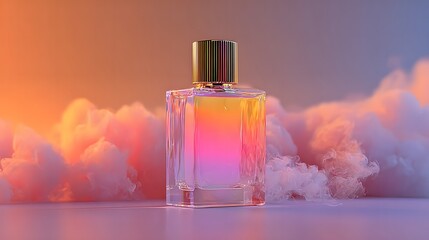 A clear glass perfume bottle with a gold cap sits on a soft cloud of pink and orange cotton candy against a sunset