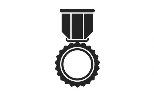 A black and white graphic of a medal with a ribbon and a circular emblem on a white background