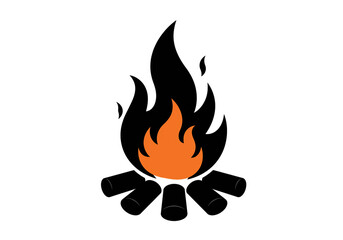 Illustration of a stylized campfire with orange flames and black logs on a white background