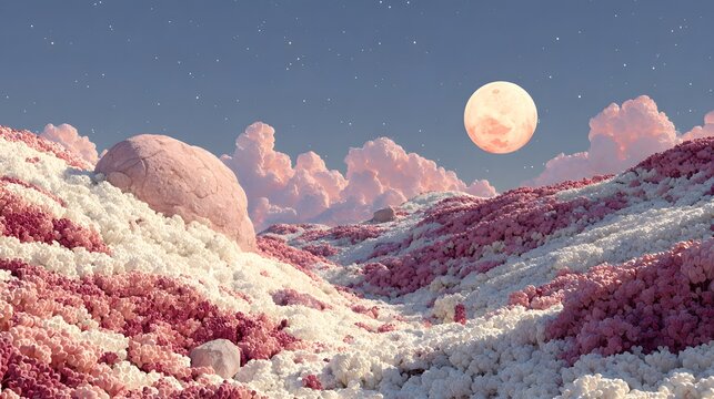 Pink and white hills roll under a large moon, with fluffy clouds and a starry sky above
