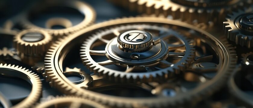Close-up shot of intricate gold metal gear mechanism with cogs clockwork gears, showcasing