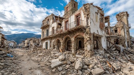 A devastated neighborhood reveals crumbling buildings and piles of debris left by a strong earthquake. The surrounding mountains add to the somber atmosphere, highlighting the destruction.