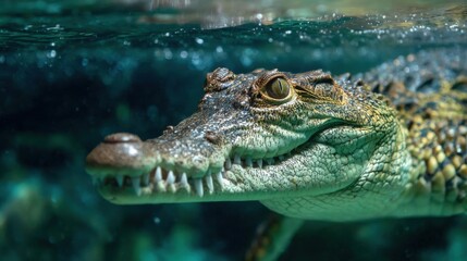 Obraz premium A crocodile glides through clear water, showcasing its textured skin and sharp teeth. This aquatic predator is captured mid-swim, surrounded by its natural habitat.