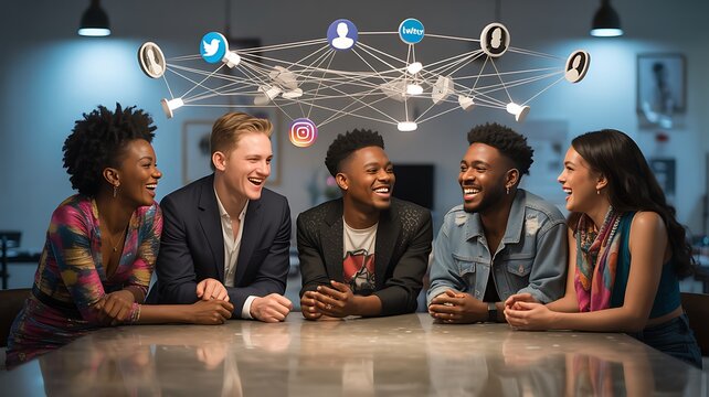 Diverse group of friends laughing together connected by social media network above