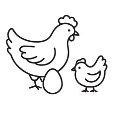 Hen with Chick and Egg Line Icon – Simple Farm Animal Outline Illustration