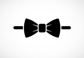 A simple black bow tie icon on a white background with a minimalist and elegant design style