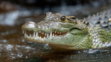 Obraz premium A crocodile swims close to the water's surface, its sharp teeth and textured skin clearly visible. This moment captures the essence of wildlife in a serene environment during daylight.