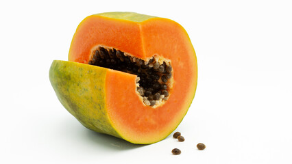 Piece of ripe papaya fruit with seeds isolated on white