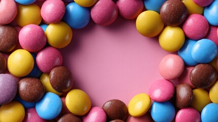 A vibrant collection of candies in various colors surrounds a pink space, enticing viewers with its playful arrangement. The assortment features shades of blue, pink, yellow, and brown.