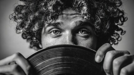 A young man with curly hair looks directly at the viewer while holding a vinyl record up to his face. The image is captured in black and white, emphasizing contrast.