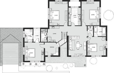 Modern house floor plan with garage, five bedrooms, kitchen, dining room, living room, and bathrooms for architectural and interior design projects.
