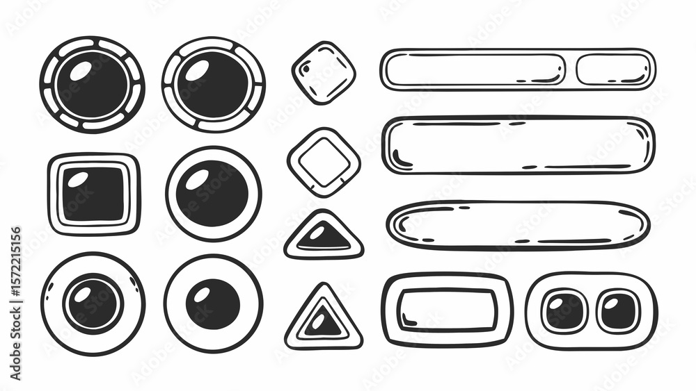 Poster a collection of black and white hand drawn buttons and bars for a user interface design element crea