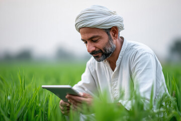senior indian farmer using tablet at green agricultural field