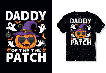 Spooky 'Daddy Of The Patch' Halloween T-Shirt Design with Cool Pumpkin, Ghosts & Witch Hat