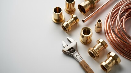 Assorted brass plumbing fittings and copper pipes arranged neatly with a wrench on a clean white background