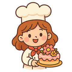 Happy Cartoon Chef Girl Holding a Pink Flower Cake,clipart, cut out, no background,PNG die-cut for advertising