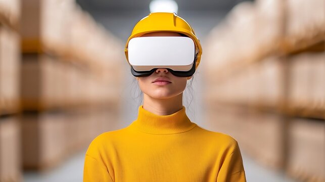 Woman in VR Goggles and Hard Hat in Warehouse