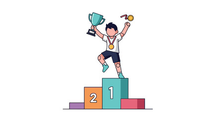 Athlete celebrates victory on podium with trophy and medals achieving top honors in sports competition