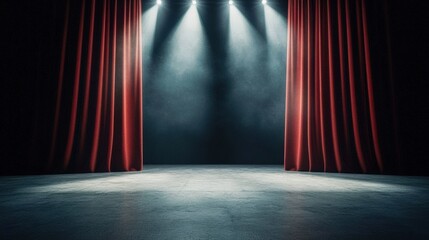 Dramatic Atmosphere: Dark stage with closed red curtains, concrete floor, Theater curtains illuminated