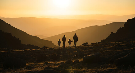 Fototapeta premium Family Silhouette at Sunset Over Mountain Range