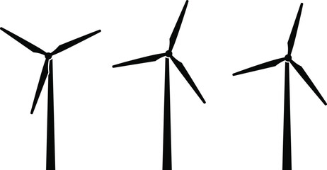 Silhouette illustration of three wind turbines in different angles and positions, renewable energy concept for sustainability and green energy designs.