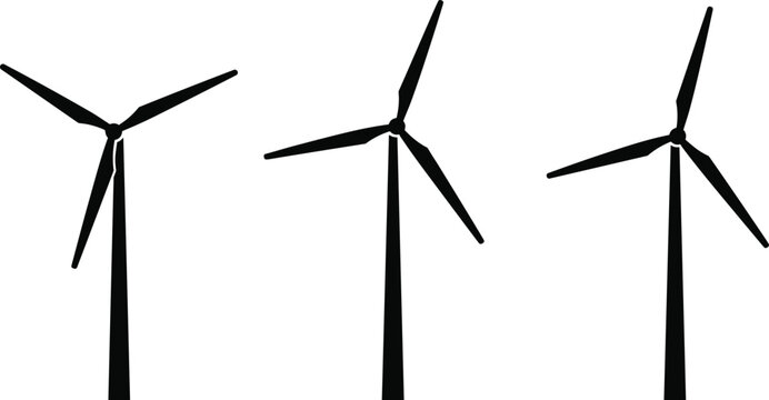 Silhouette illustration of three wind turbines in different angles and positions, renewable energy concept for sustainability and green energy designs. - Powered by Adobe