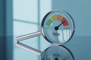 Magnifying glass over risk meter with colored segments and needle gauge indicator