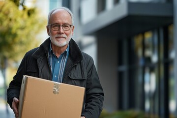 Senior employee preparing to retire, carrying a box of belongings as he leaves the company, Generative AI