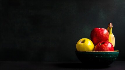 Healthy Fruit Bowl, Apples and Banana on Dark Background