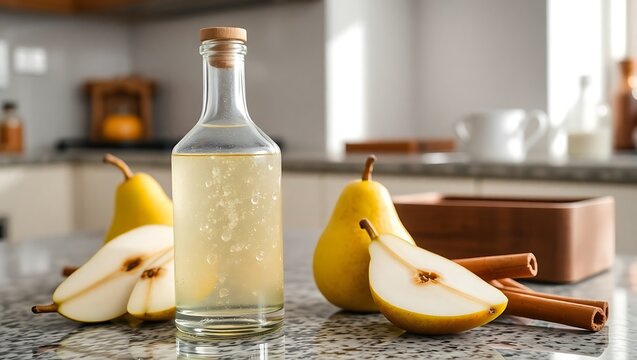 A bottle of pear schnapps with condensation, beside sliced fresh pears and cinnamon sticks, set on a granite countertop, soft morning light, minimalist modern kitchen background - Powered by Adobe