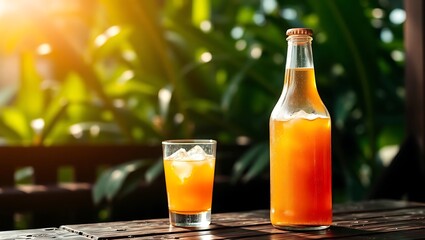 A chilled bottle of Teh Botol placed on a rustic wooden table with condensation on the glass, sunlight filtering through tropical foliage in the background, vibrant color grading