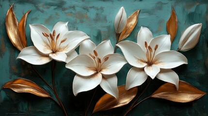 Stucco lilies with golden leaves and buds.