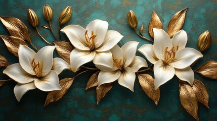 Stucco lilies with golden leaves and buds.
