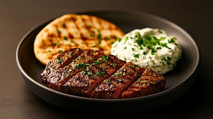 Gourmet Sliced Steak Dinner with Flatbread and Dip