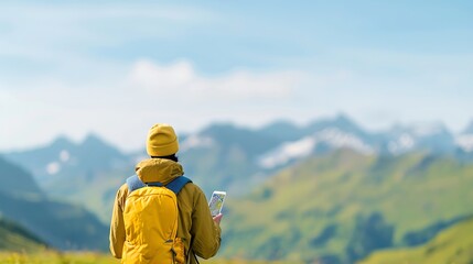 Mountain Hiker with Backpack Using Phone for Navigation
