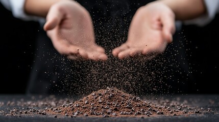 Chef sprinkles chocolate chips, baking ingredient, for dessert