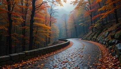 Winding forest road with autumn trees and soft morning light great for travel blogs, peaceful nature backgrounds, and seasonal landscape illustrations