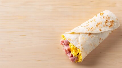 Ham and Egg Breakfast Burrito on Wood Background