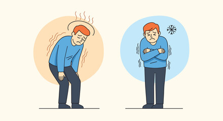 Understanding human body temperature fluctuations experiencing extreme heat and chills illustration