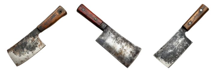 Collection of Meat Cleavers with Aged Wooden Handles Isolated on Transparent Background