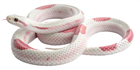 Albino corn snake with pink markings coiled on a white background isolated on a transparent background