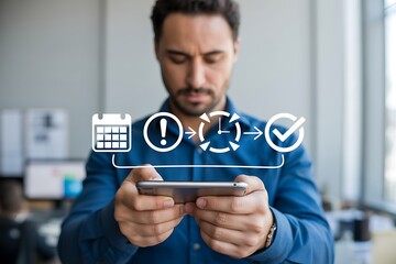 Man holding smartphone with digital workflow icons showing calendar alert clock and checkmark image