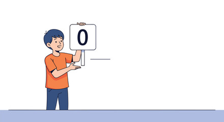 Fototapeta premium Young person standing holding up a sign with the number zero indicating a score or a result