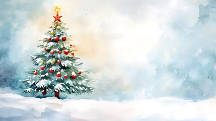 Watercolor card with decorated Christmas tree in winter forest in vintage style. With empty space for text. Christmas winter landscape. Artistic seasonal card. High quality illustration