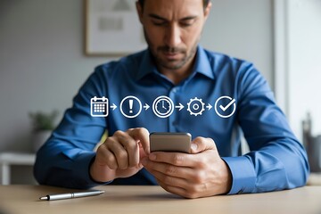 Man in blue shirt using smartphone with workflow icons image