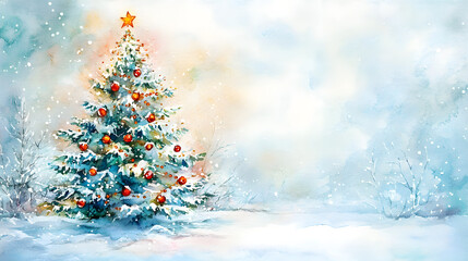 Watercolor card with decorated Christmas tree in winter forest in vintage style. With empty space for text. Christmas winter landscape. Artistic seasonal card. High quality illustration