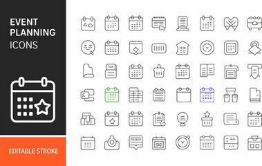 Event planning icons set vector graphic design for organization and scheduling business and management work editable stock vector