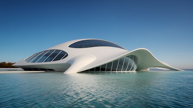 Futuristic white organic building with glass windows on water architecture