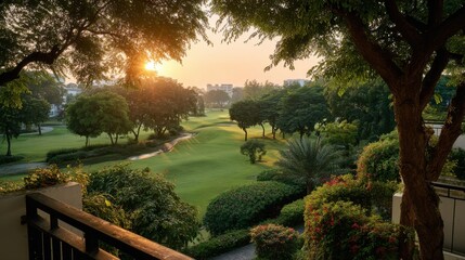 Golf course bathed in warm sunset light showcases a beautiful expanse of green grass and trees, creating a peaceful atmosphere perfect for relaxation or an evening stroll.